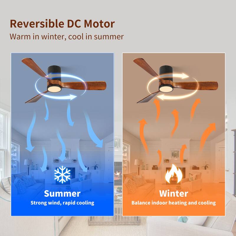 Indoor/Outdoor Flush Mount Ceiling Fan with Light & Remote Control, Rustic Wood Ceiling Fan, 6-Speed Reversible DC Motor Fan