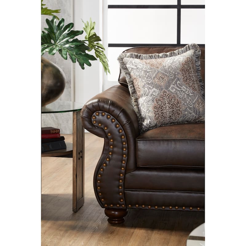 Roundhill Furniture Leinster Fabric Upholstered Nailhead Sofa, Loveseat, and Chair Set in Espresso