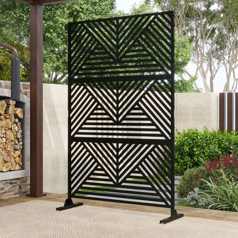 Outdoor 75'' x 47'' Metal Privacy Screen Fence Panel Line Pattern - 012-Multidirectional Line - Black