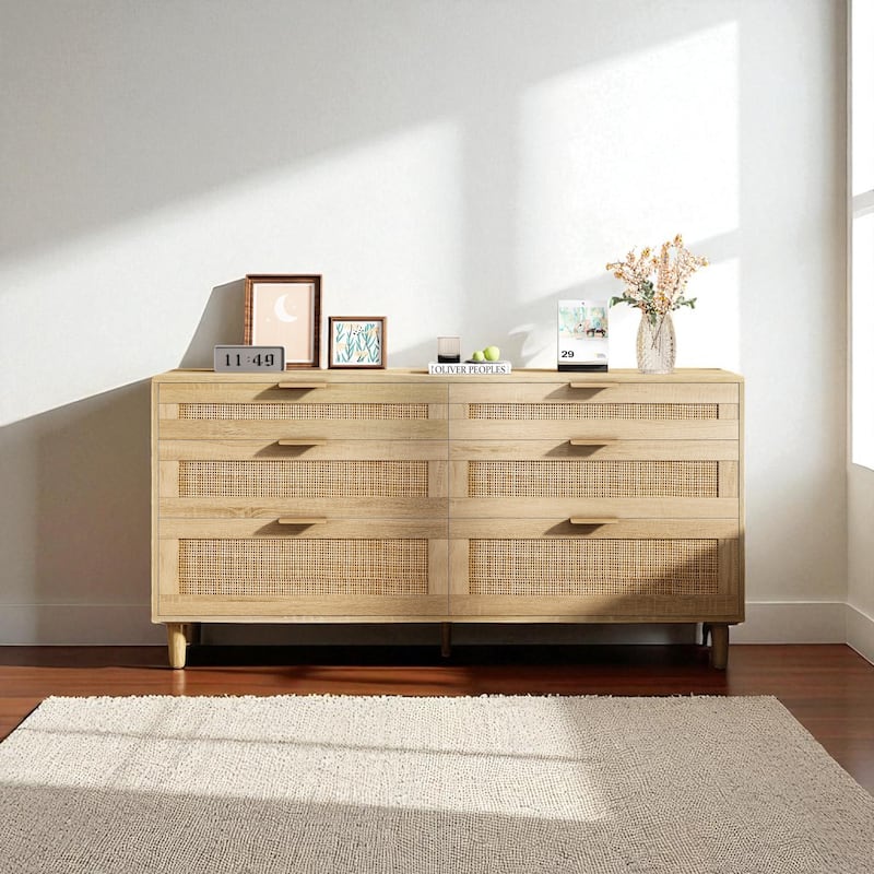 Rattan Dresser with 6 Drawers, Wide Chest of Drawers Storage Cabinet with Metal Handles and Wood Legs for Bedroom and Hallway