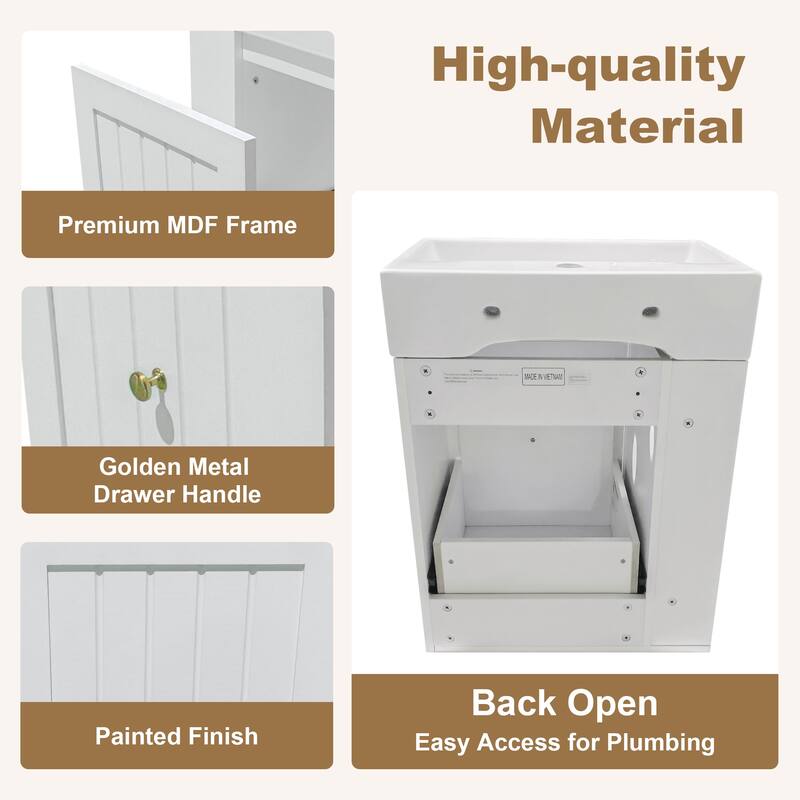 20-Inch Bathroom Vanity with Ceramic Sink, MDF Storage Cabinet with Drawer, Side Shelf & Golden Handle