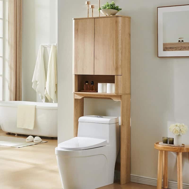 Modern Over The Toilet Storage Cabinet, Handle-Less Bathroom Cabinet - N/A - Natural Oak