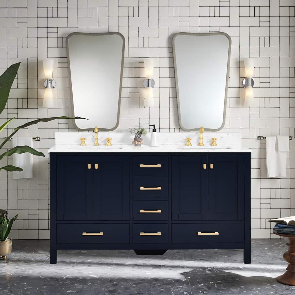 Prismora 60 in. Midnight Blue Vanity with Countertop & Splash, Double Sinks