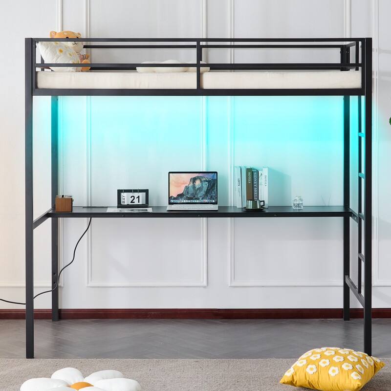 Desktop Twin Square Tube Raised Bed with Table Socket LED Light Strip - Black