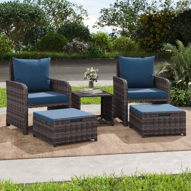 5 Pieces Patio Chair Ottoman Conversation Set with Cushions Table - PE BROWN-Blue