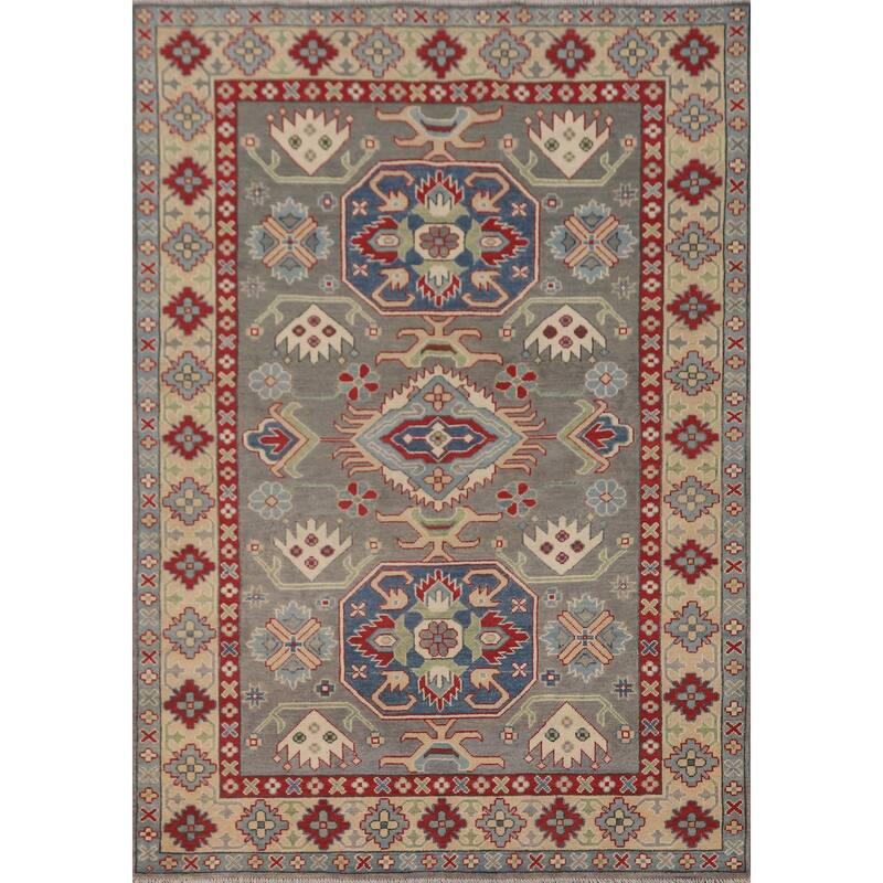 Gray Geometric Kazak Area Rug Handmade Oriental Wool Carpet - 4'11" x 7'0"
