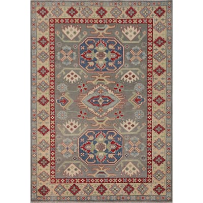 Gray Geometric Kazak Area Rug Handmade Oriental Wool Carpet - 4'11" x 7'0"