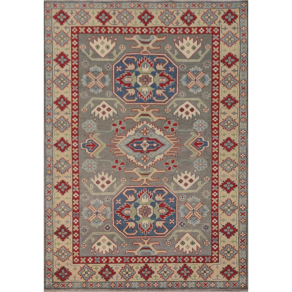 Gray Geometric Kazak Area Rug Handmade Oriental Wool Carpet - 4'11" x 7'0"