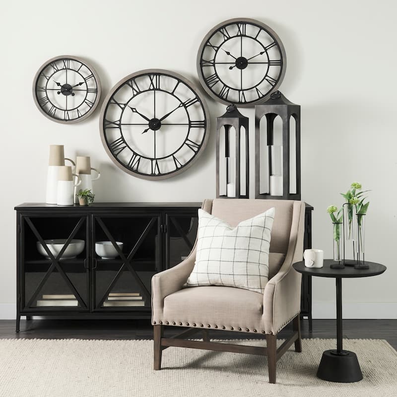 Mething Gray Wood and Black Metal 25" Round Wall Clock - 24.8"W x 2"D x 25"H