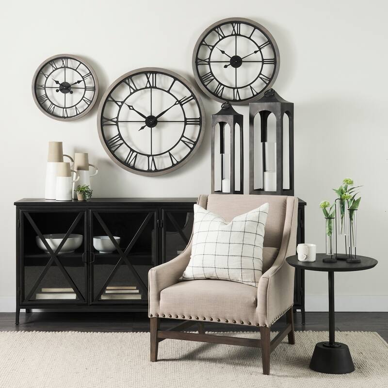 Mething Gray Wood and Black Metal 32" Round Wall Clock - 31.5"W x 2.4"D x 31.4"H