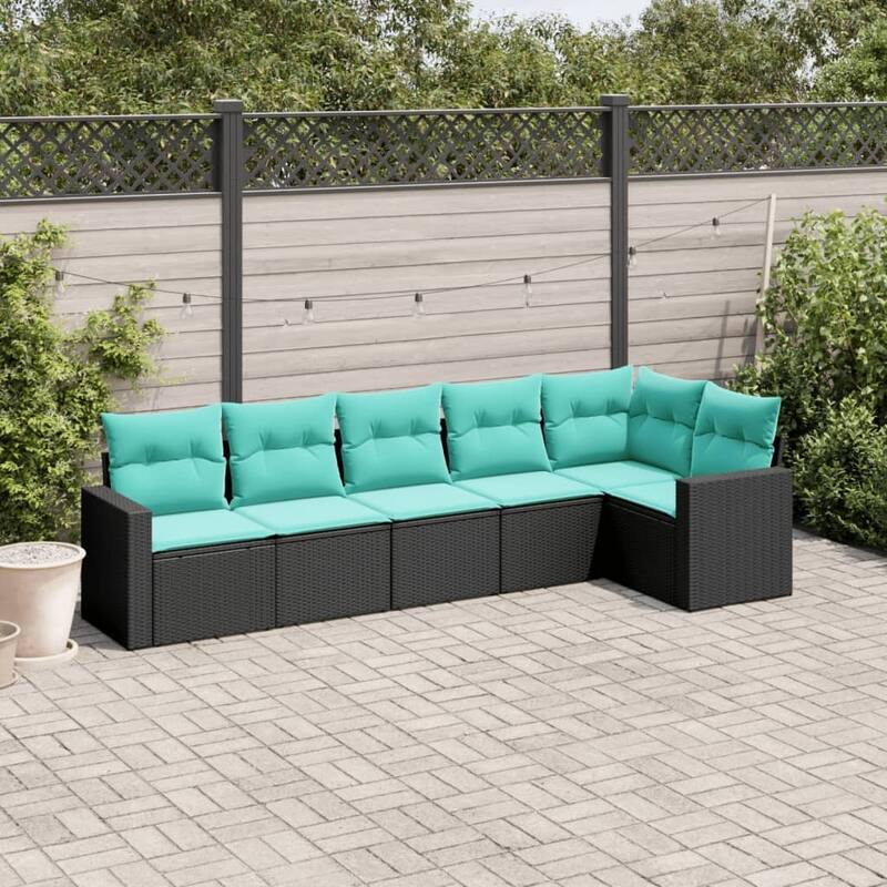 vidaXL 6/7 Piece Patio Sofa Set with Cushions Black Poly Rattan - 24.4" x 24.4" x 27.2" - Black and blue-Without table