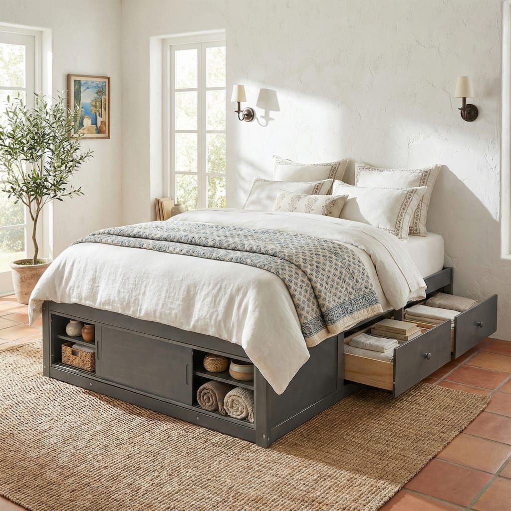 Queen Size Platform Bed Frame with 4 Storage Drawers & Footboard Cubby, No Headboard Design