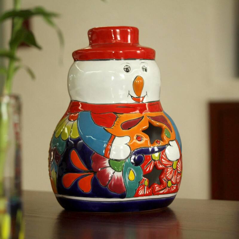 Novica Handmade Snowman Glow Ceramic Candle Holder
