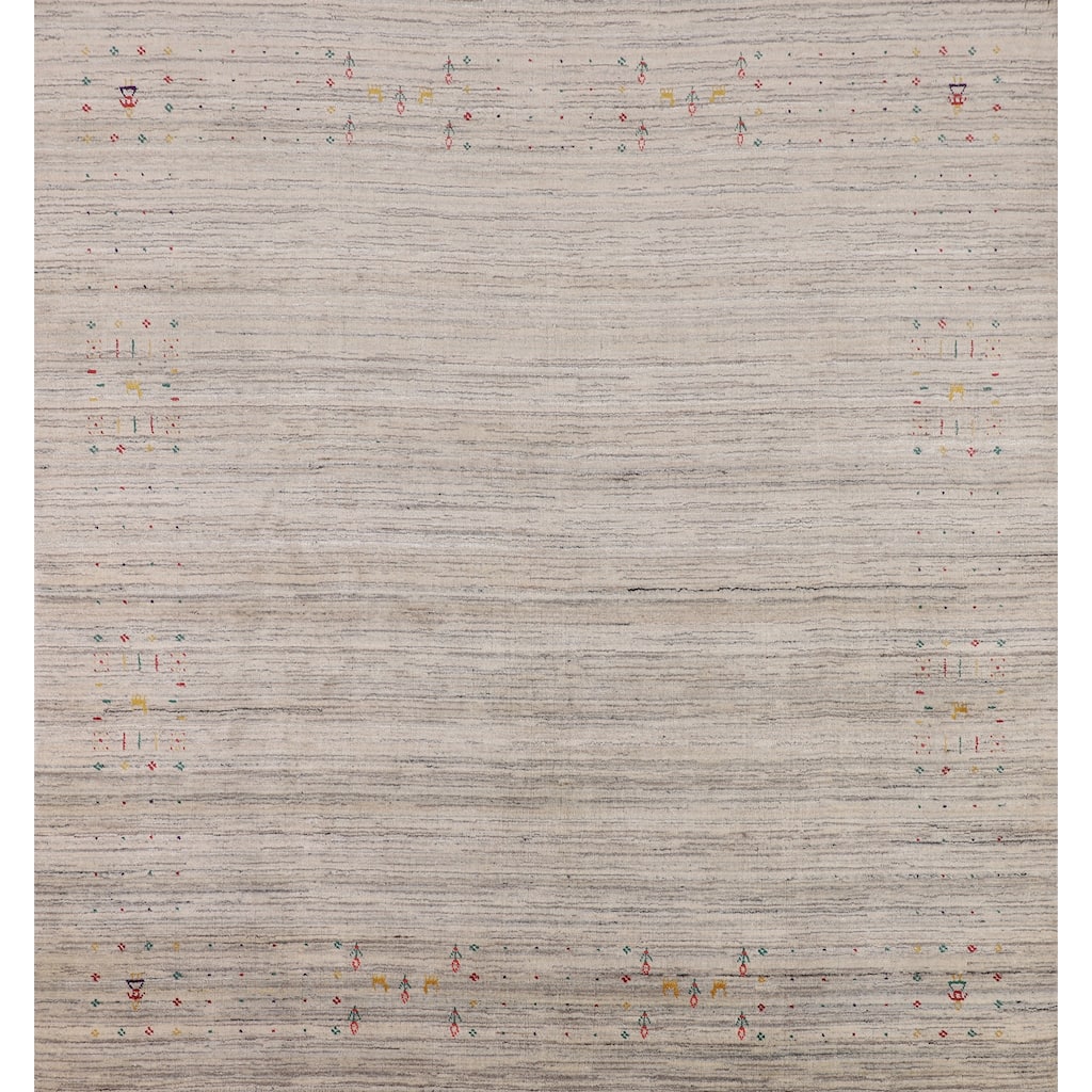 Earth Tone Gabbeh Indian Square Area Rug Handmade Beige Wool Carpet - 7'10" X 8'0"