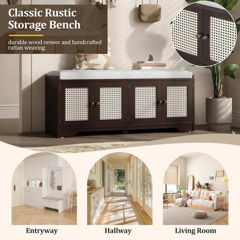 Rustic Storage Bench with Removable Cushion, Woven Rattan Doors & Adjustable Shelves