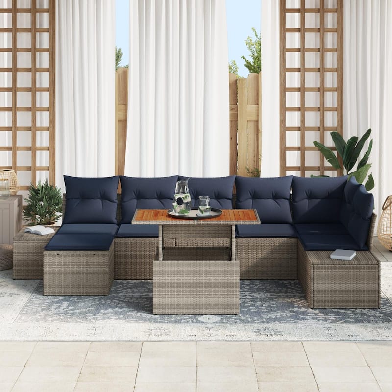 vidaXL 8 Garden Sofa Set with Cushions Black/Grey Poly Rattan - 125.6 x 60.6 x 27.2