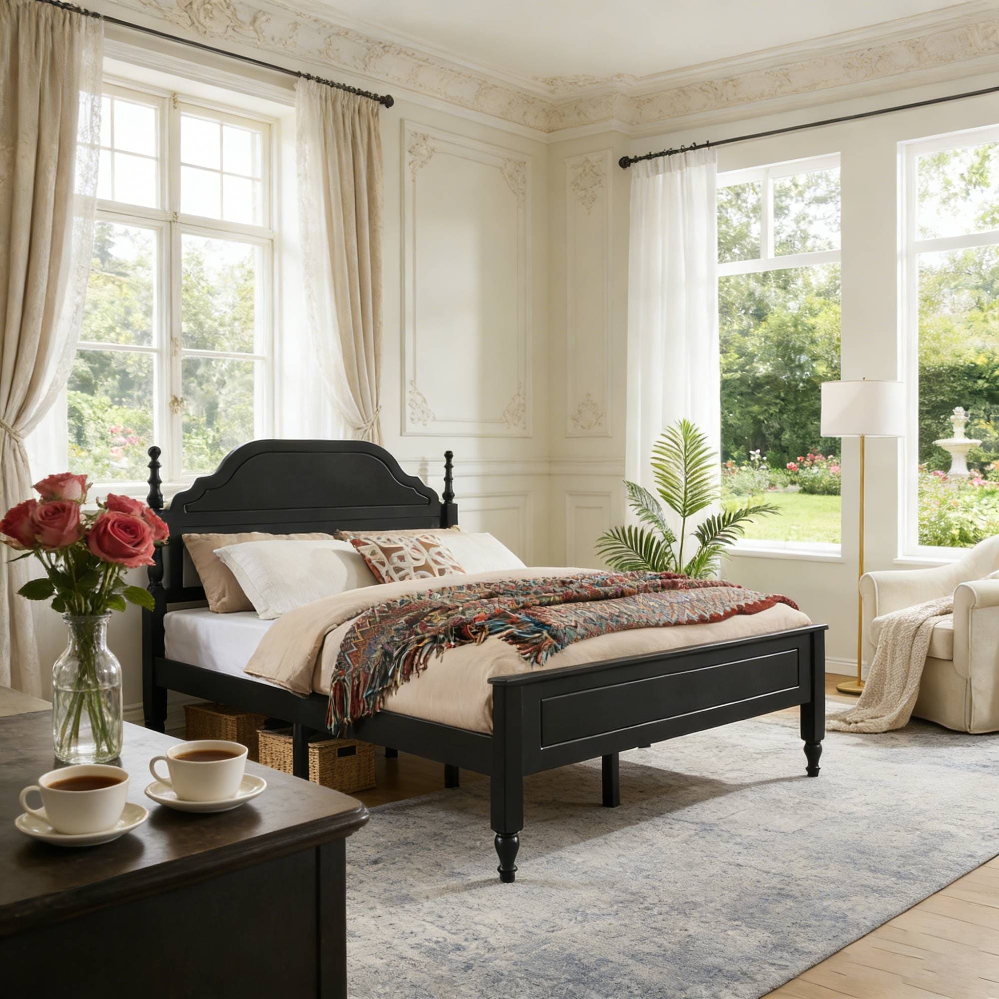 Roomfitters Queen Bed Frame with Padded Headboard, Classic Wood Platform Bed with Footboard, Black