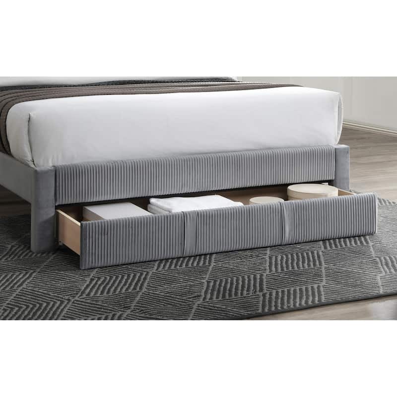 Queen Size Corduroy Platform Bed with Storage Drawer and Channel-Tufted Headboard and Contemporary Design