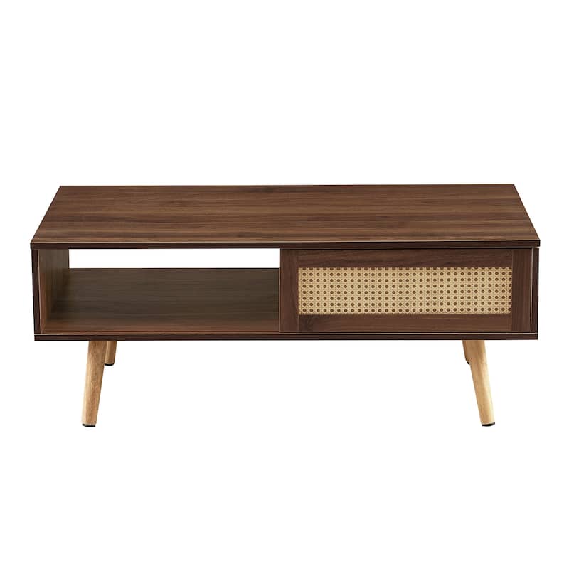 Anmytek Rattan Coffee Table with Storage Modern Walnut Living Room Centerpiece Organizer