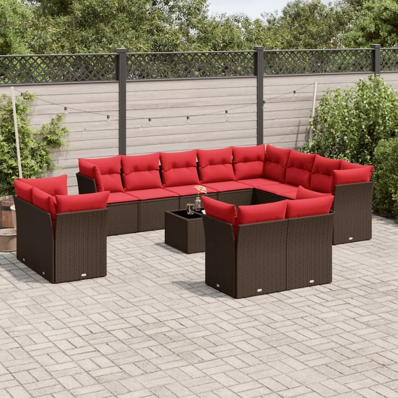 vidaXL Patio Sofa Set with Cushions Outdoor Conversation Furniture Poly Rattan - 21.7" x 24.4" x 27.2" - Brown and red with table