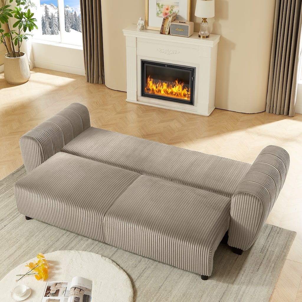 2-in-1 Convertible Corduroy Sleeper Sofa with Storage, Light Brown
