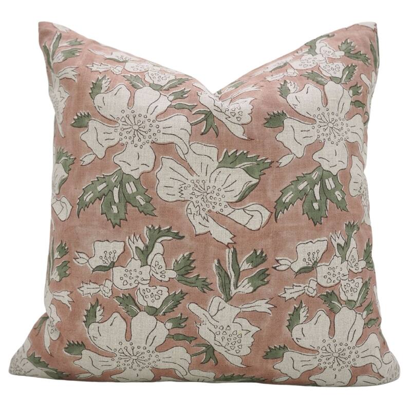 Fabdivine Block Print 12x20 Inch Pillow Cover Pure Linen Floral Farmhouse Decor Accent for Brown Soft, Cushion Case, Kanak Buti - Pillow Covers - Papaya Leaf- Green, Peach - 14" x 20"