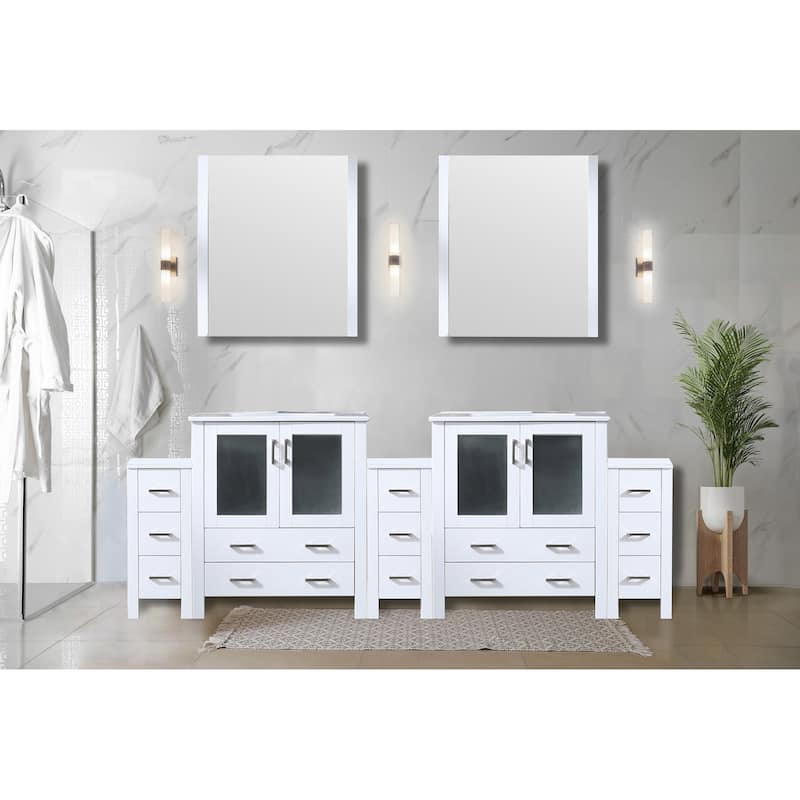 96" Navy Blue Double Vanity with White Ceramic Countertop, Side Cabinets, 2 Interior Cabinets, and 13 Drawers