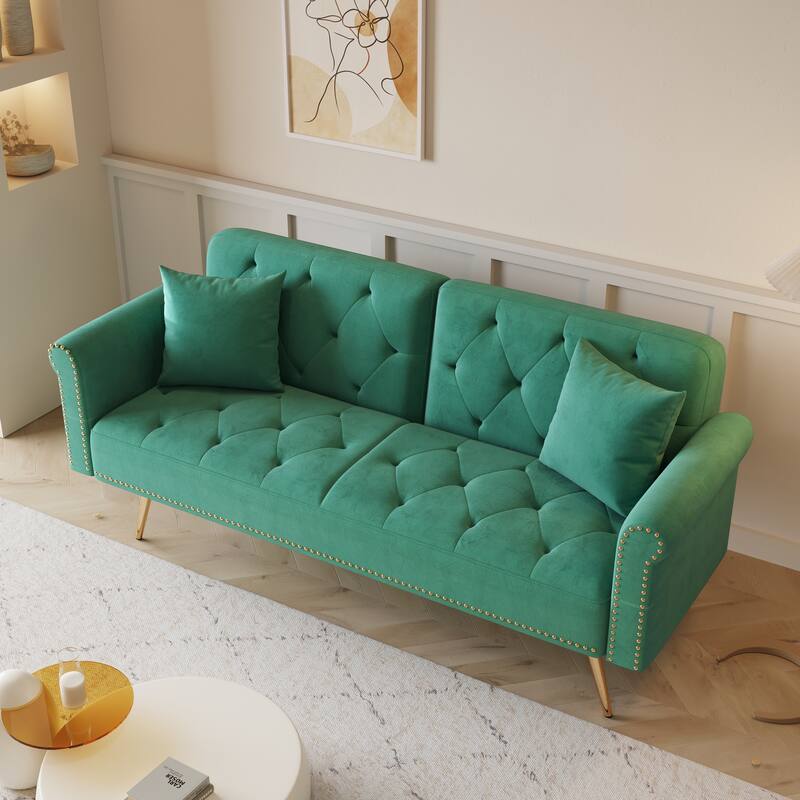 69.7-inch Green Velvet Sofa Bed with Nail Head Trim and Matching Pillow