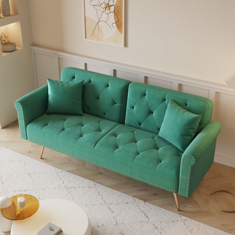 Folding Velvet Loveseat Couch Convertible into Sleeper Sofa Bed with Button Tufted, Nailheads Trim, Pillows and Metal Legs
