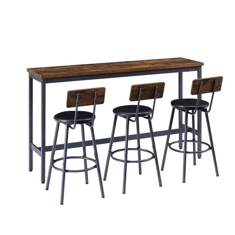 Long Bar Table Set with 3 PU Upholstered Bar Stools, Industrial Bar Table and Chairs for Kitchen Breakfast Table