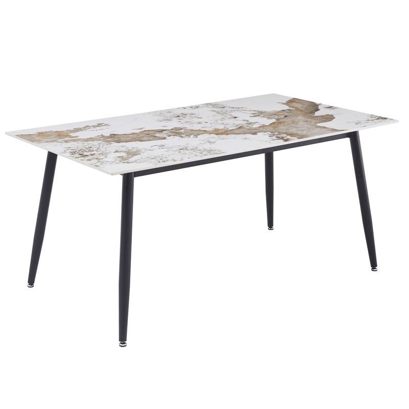 Zayle Rectangular Dining Table with Glass/Sintered Stone Tabletop in Steel - 62" Wide - White Grey in Stone