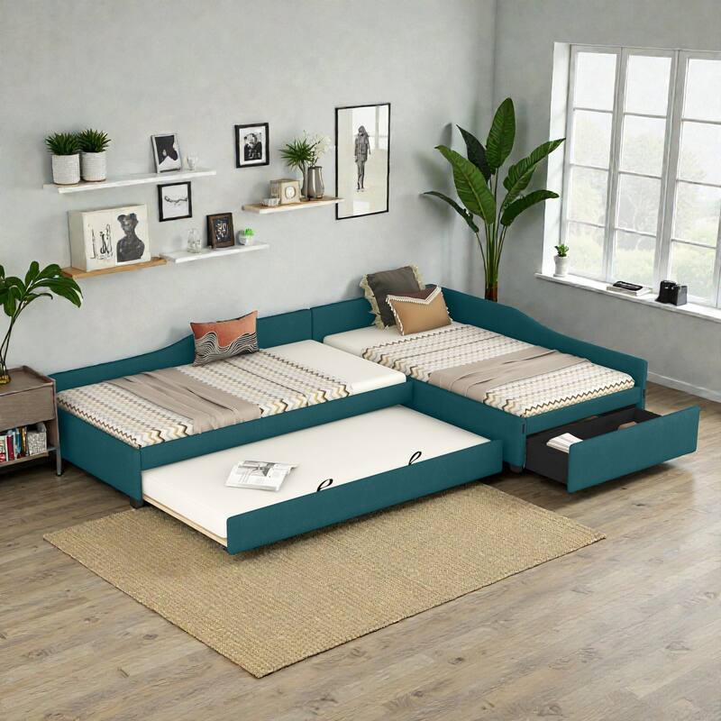 Upholstered Twin Daybed with Trundle and Drawer, Double Twin Linen Sofa Bed No Box Spring - Green - Twin