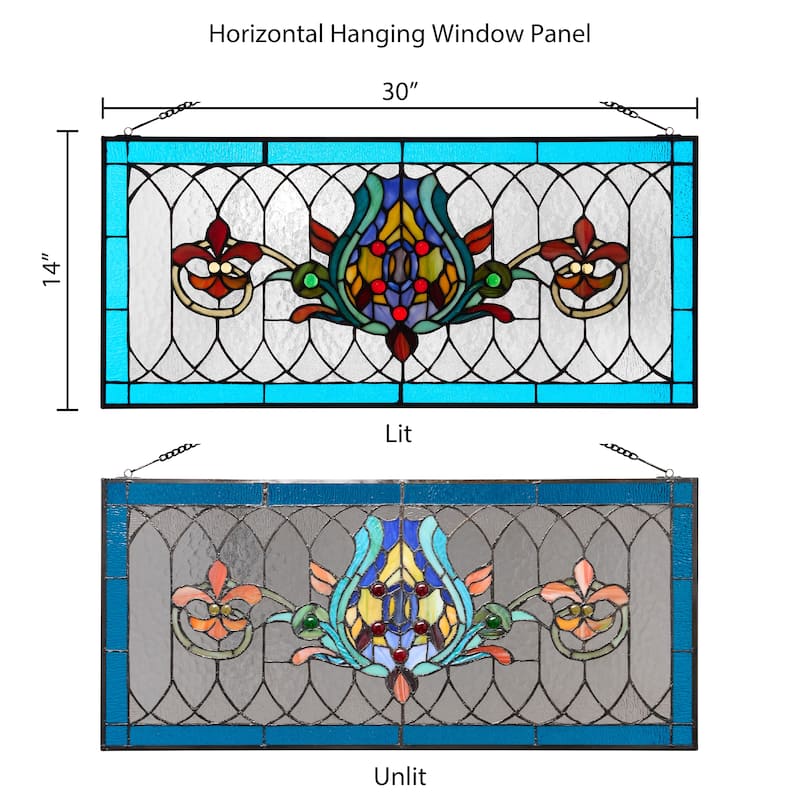 River of Goods Fleur De Lis Stained Glass Pub Window Panel - 30"L x 0.25"W x 14"H