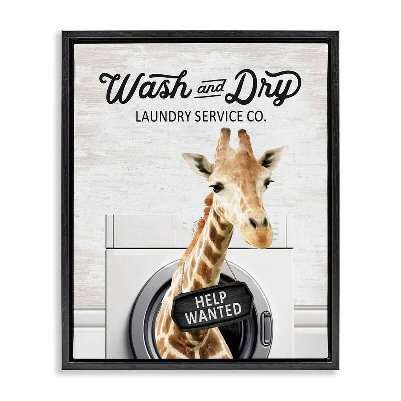 Stupell Wash & Dry Laundry Giraffe Framed Floater Canvas Wall Art Design By Lettered and Lined - 17 x 21 - Black