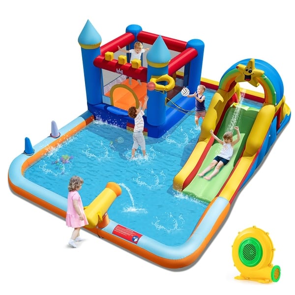 slide 2 of 10, Gymax Giant Water Slide Bounce House w/Climbing Wall Splash Pool & Kids