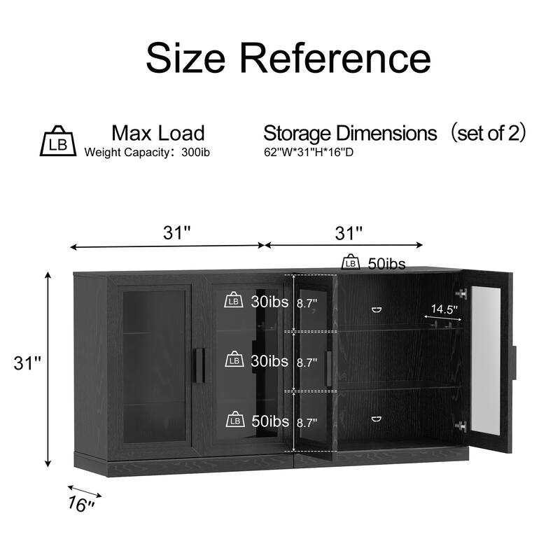 62"LX31"H Solid Wood Kitchen Pantry Sideboard Buffet Cabinet Storage with Glass Doors
