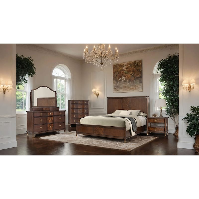Transitional Dark Cherry Finish Bedroom Set with LED Bed Dresser Mirror Nightstand Chest