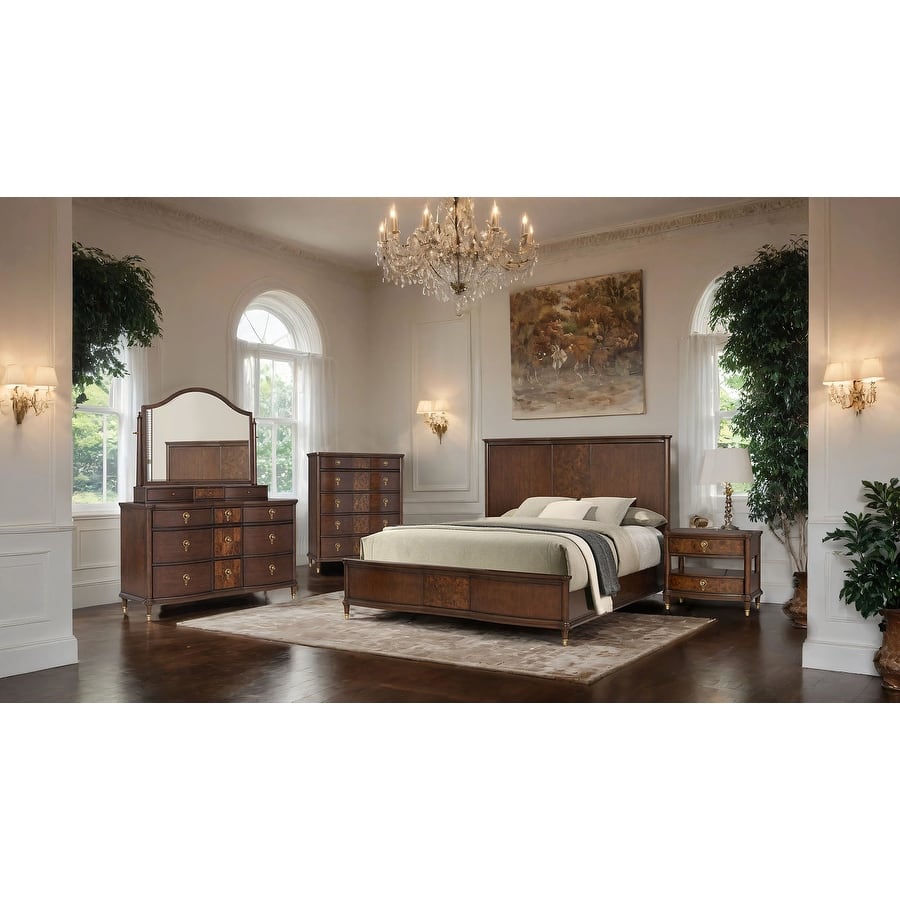 Transitional Dark Cherry Finish Bedroom Set with LED Bed Dresser Mirror Nightstand Chest
