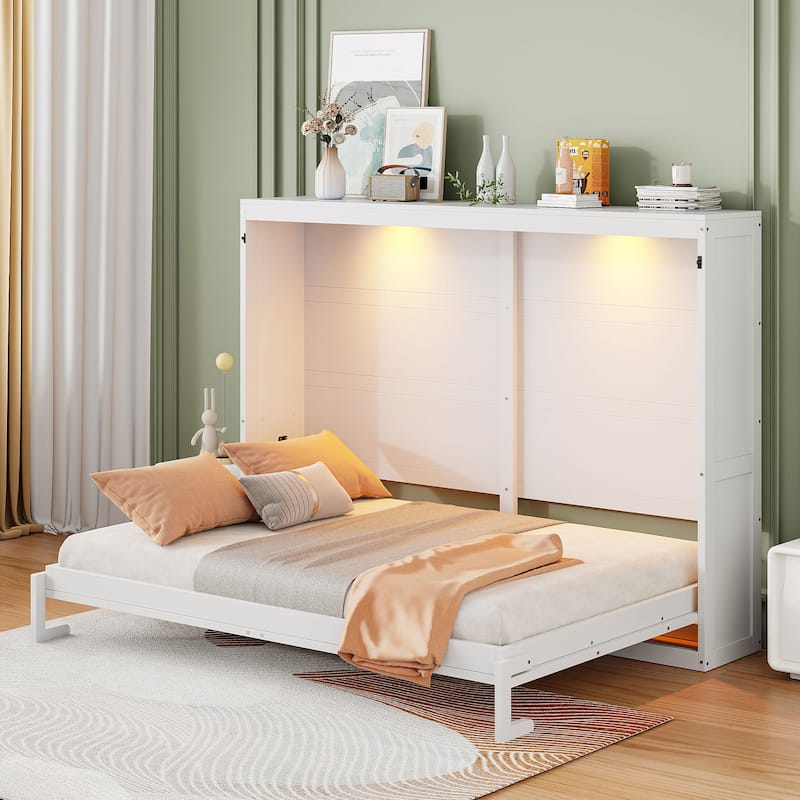 Modern Queen Size Murphy Wall Bed with LED Lighting No Box Spring Required