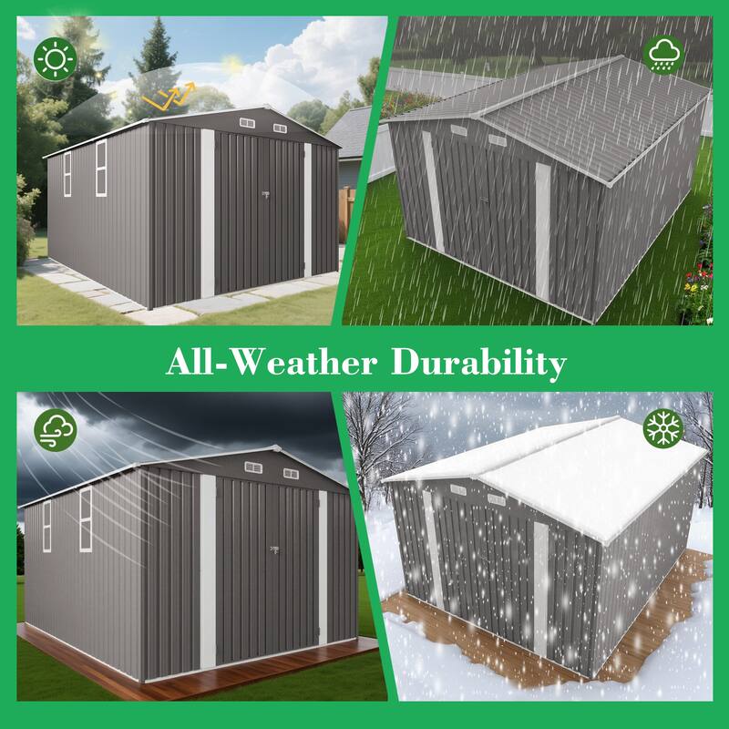 10x12FT Outdoor Storage Shed Metal Garden Shed with Double Door Two Window Waterproof Tool Shed