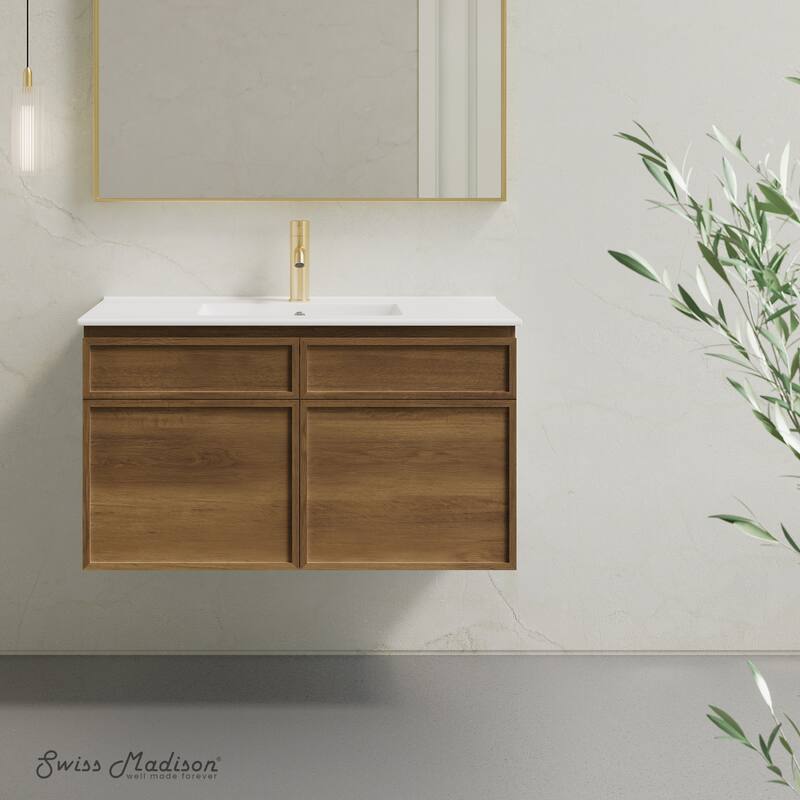 St. Tropez 36" Wall-Mounted Bathroom Vanity In Brown Oak With Sink Top - 36