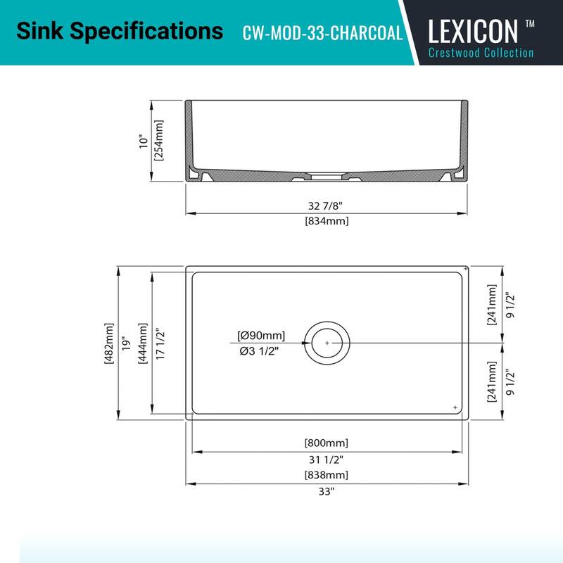 Crestwood 33" Modern Single Bowl Apron Fireclay Sink - Charcoal