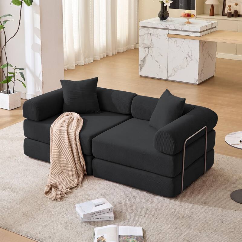 Folding Mattress Lounge Sofa with Corduroy Cushions, Convertible Sofa Bed Sleeper Sofa with Removable Armrests