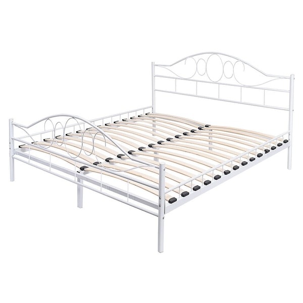 Costway Queen Size Wood Slats Steel Bed Frame Platform Headboard Footboard White