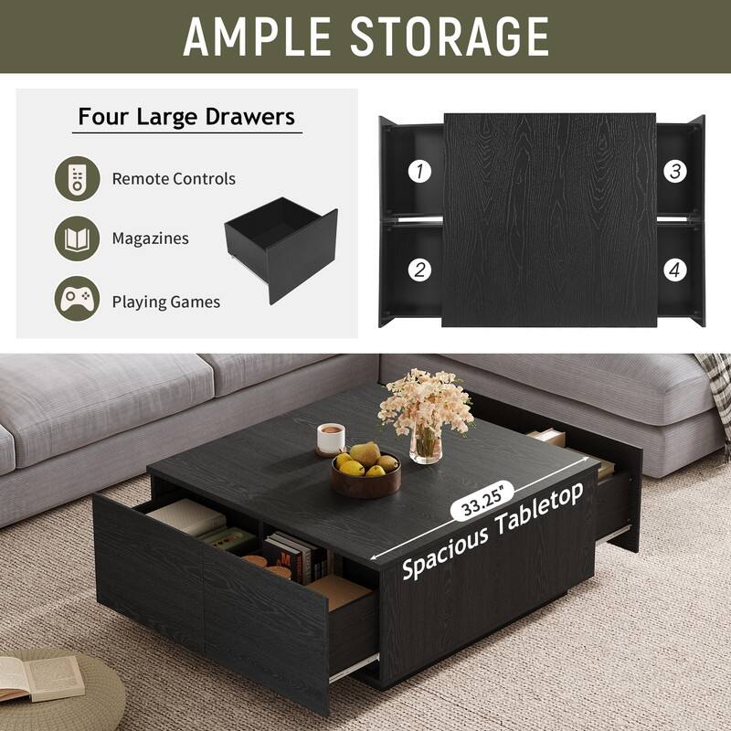33.25" Square Coffee Table with 4 Drawers