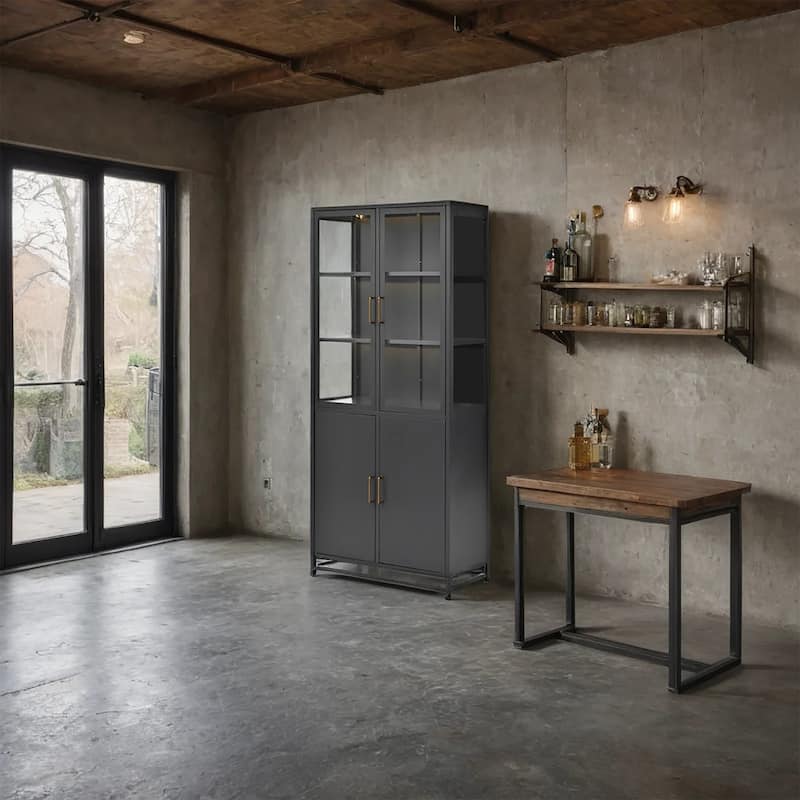 76.75'' Glass Display Cabinet w/LED Light, Tall Bookshelf with Double Glass Doors Bookshelves Bookcase