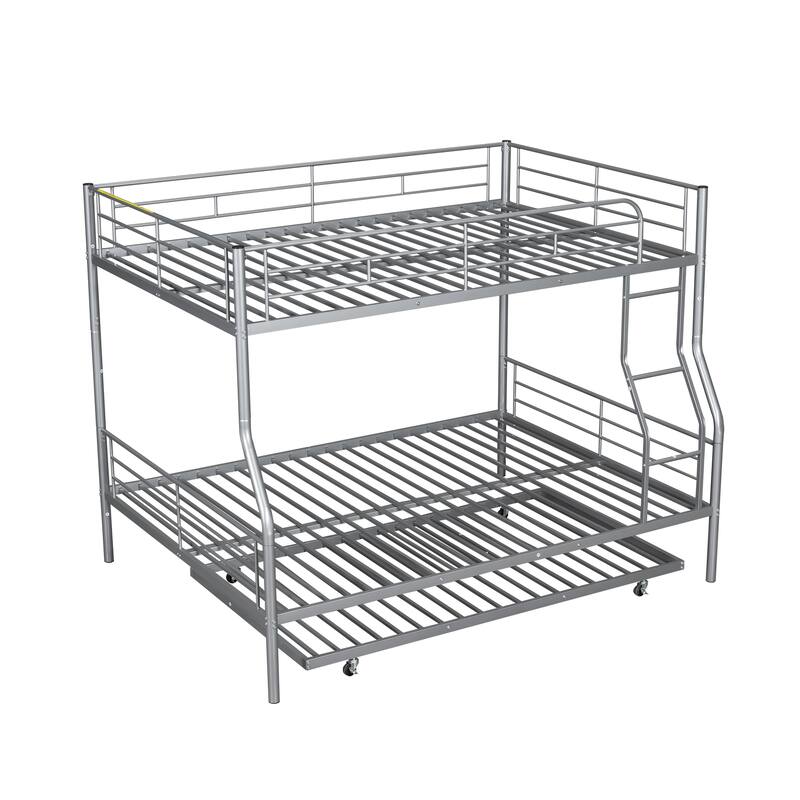 Metal Bunk Bed with Trundle and Guardrail, Convertible to Two Beds