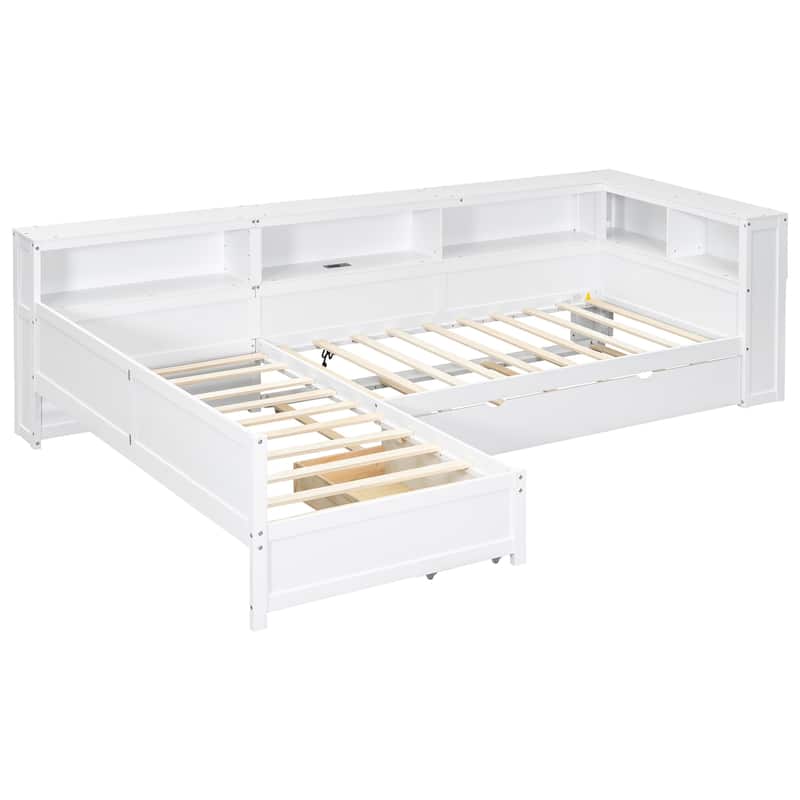 Twin L-Shaped Platform Bed with Trundle, Storage Shelves & Charging Ports by Harper&Bright Designs