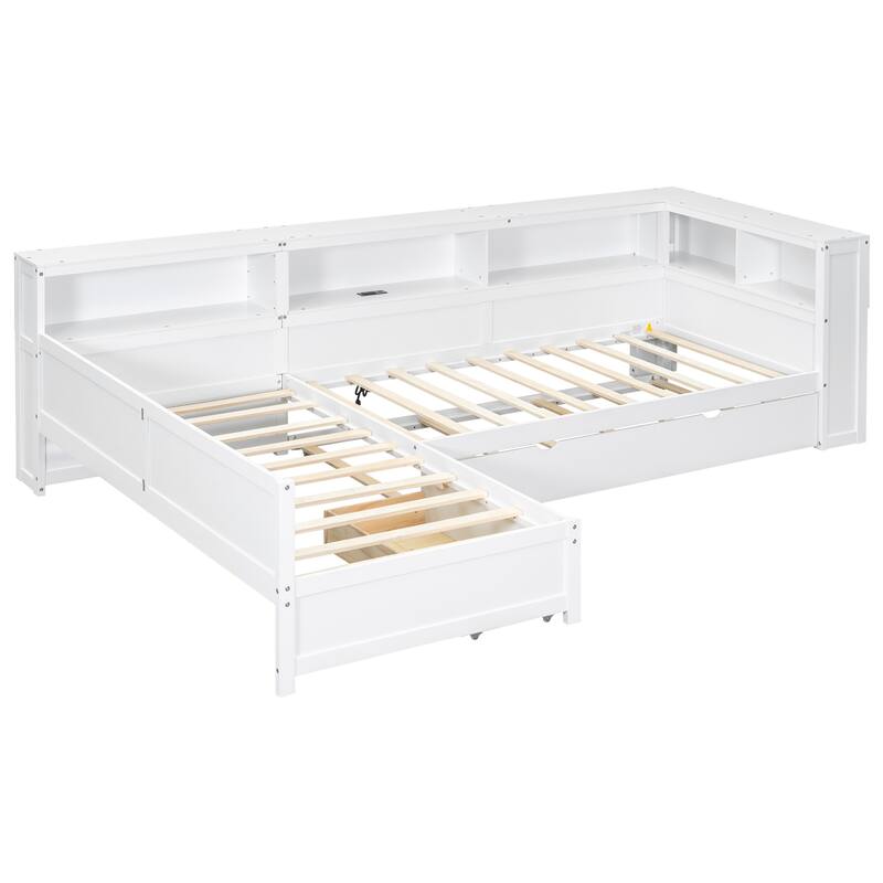 Wood Twin Size L-Shaped Platform Bed With Trundle And A Drawer
