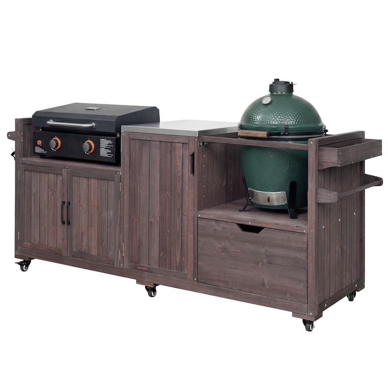 80.5" Solid Wood Outdoor Kitchen Island with Stainless Steel Top, Grill Cart Compatible with Big Green Egg & Blackstone